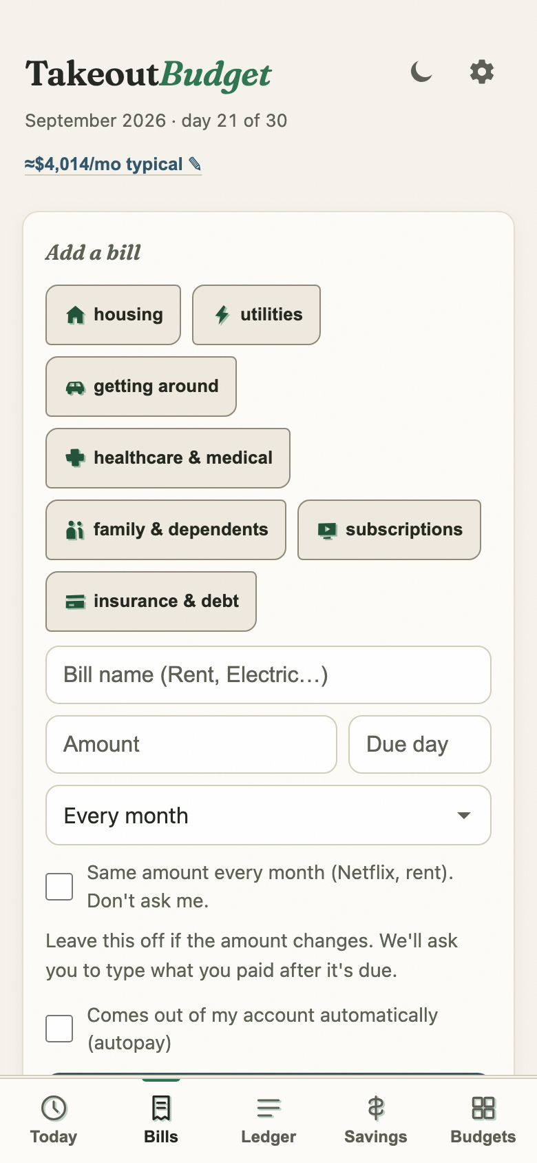 Bills tab