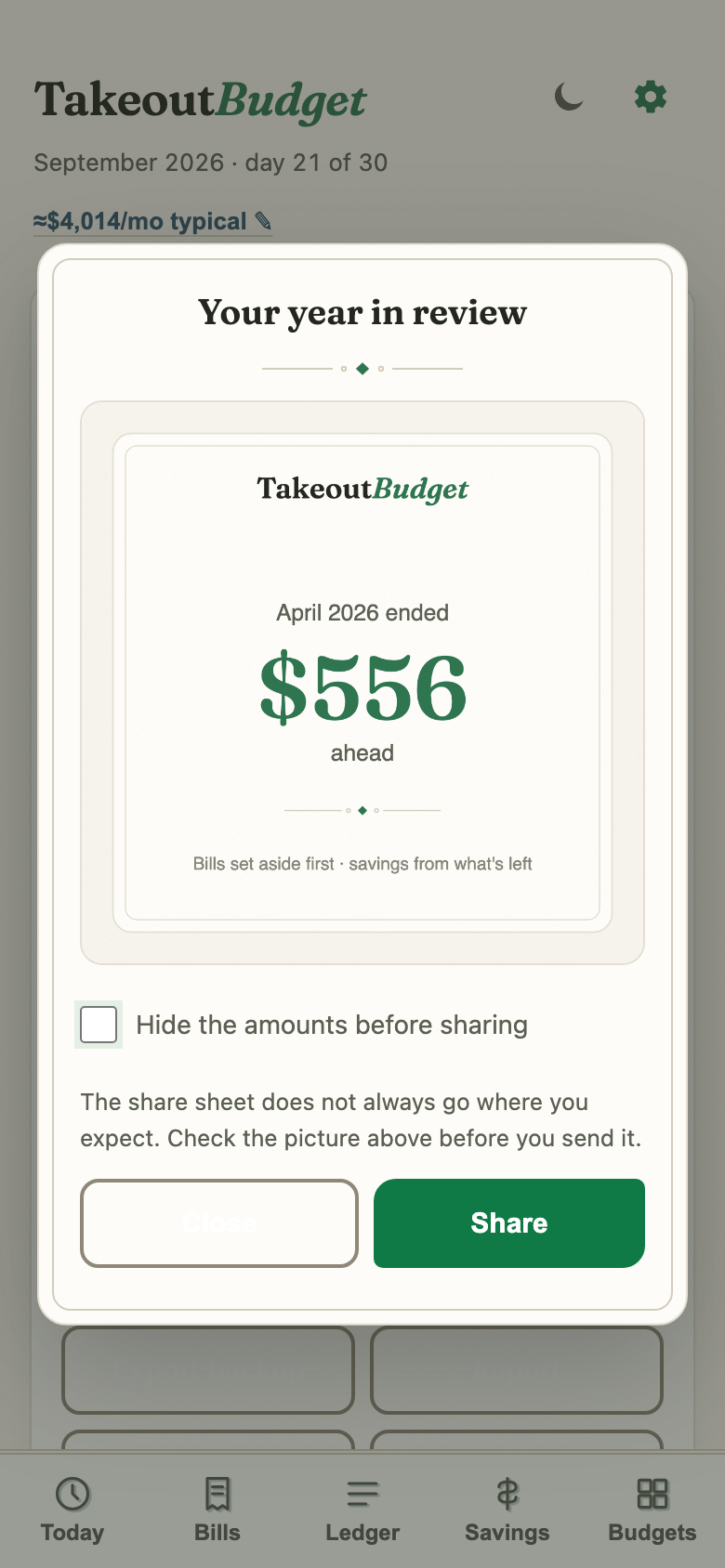 Shareable month card from Settings