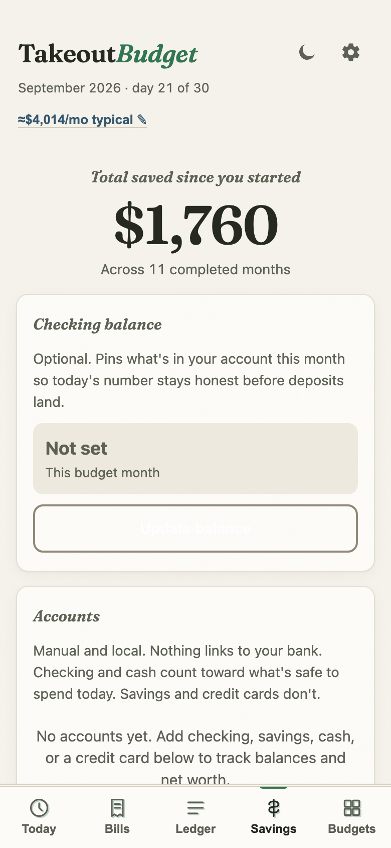 Savings — total saved, accounts, goals