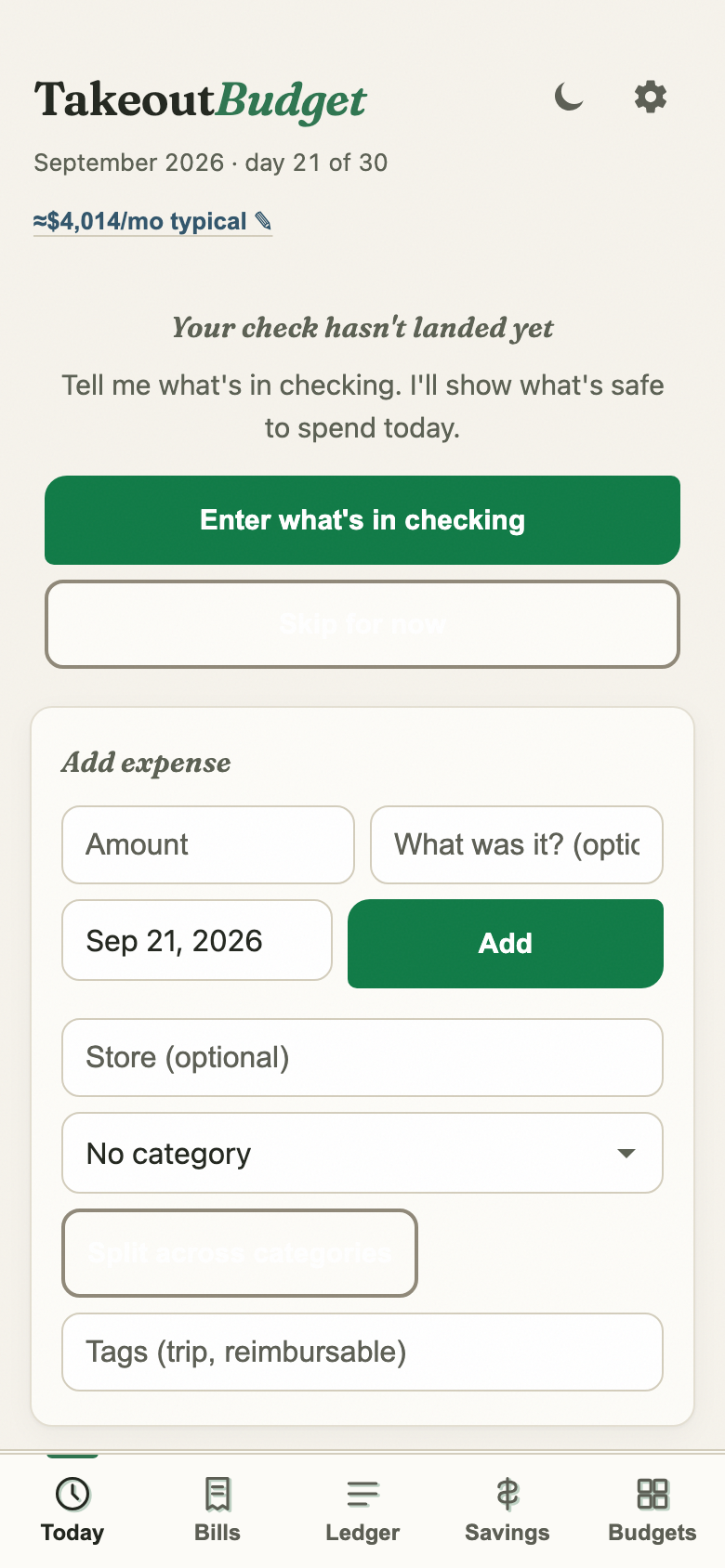 Today — safe to spend, header gear, six tabs